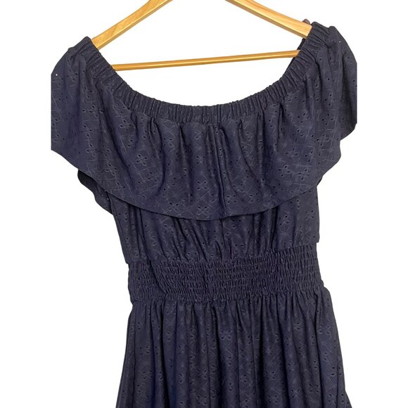 Navy Off-Shoulder Smocked Mini Dress Eyelet Design Ruffled Neckline Lace Hem  M - Picture 10 of 16